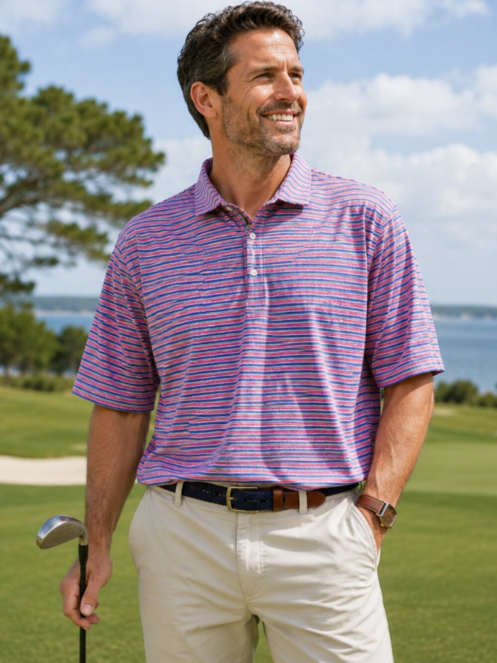 Turtleson Tour Performance Striped Golf Polo Shirt 2XL Pink Blue UPF Stretch